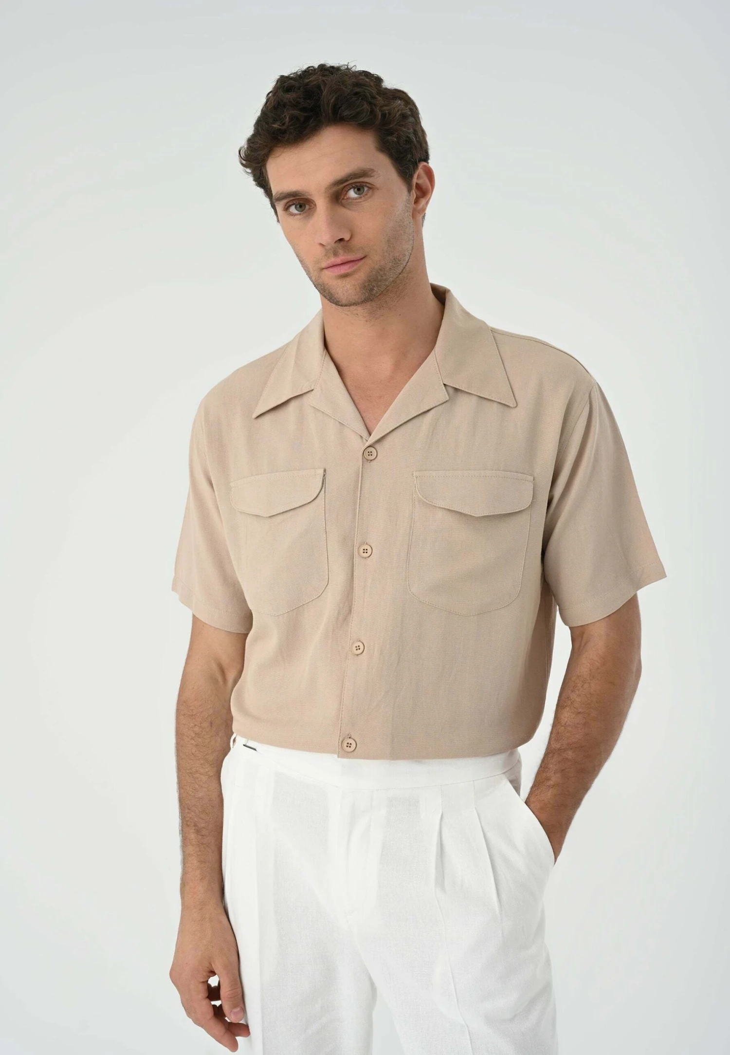 Lapel Collar Short Sleeve- Camisa - Beige 7 Lapel Collar Short Sleeve- Camisa - Beige - Imagen 5