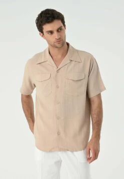 Lapel Collar Short Sleeve- Camisa - Beige